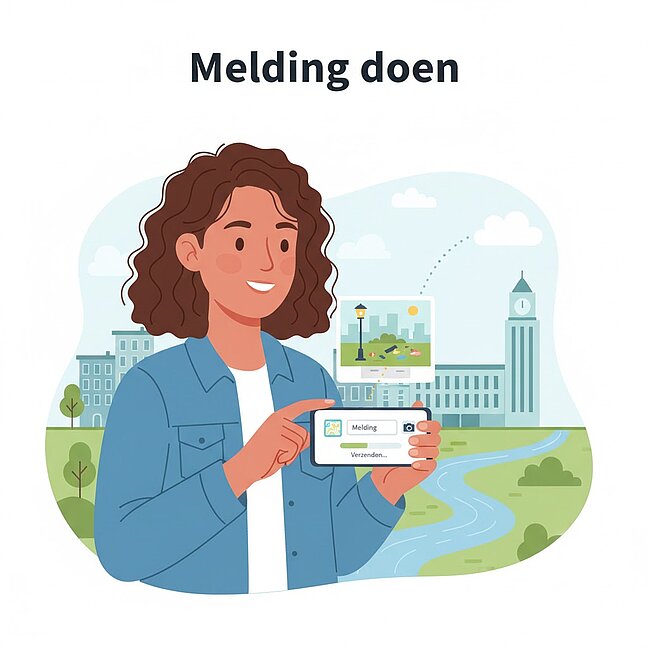 Burger doet melding via smartphone Illustratie van een jonge vrouw die via haar smartphone een melding doet aan de gemeente over een probleem in de stad, met als achtergrond gebouwen en groen.