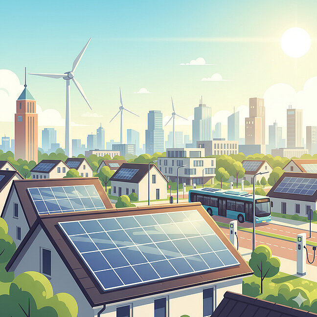 Duurzaam Almere: Zonnepanelen en Windenergie in de Stad Illustratie van de duurzame stad Almere: zonnepanelen op daken, windmolens en elektrische bus als symbool voor groene energie.